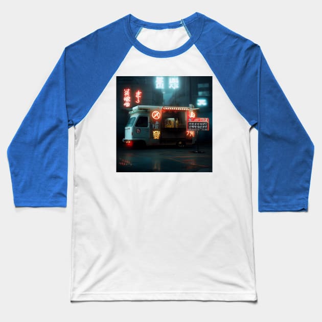 Cyberpunk Tokyo Ramen Food Truck Baseball T-Shirt by Grassroots Green